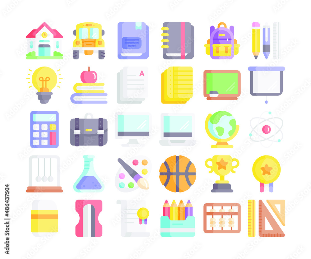 Simple set of 30 back to school icons in detailed flat style Simple set of 30 back to school icons in detailed flat style