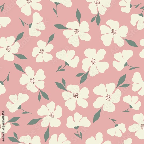 Seamless vintage pattern. White flowers . green leaves. Pink background. vector texture. fashionable print for textiles, wallpaper and packaging.