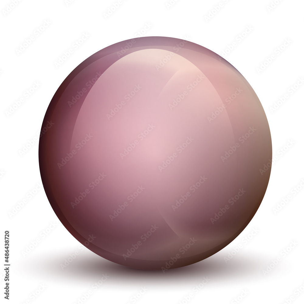 Fototapeta premium Glass pink ball or precious pearl. Glossy realistic ball, 3D abstract vector illustration highlighted on a white background. Big metal bubble with shadow