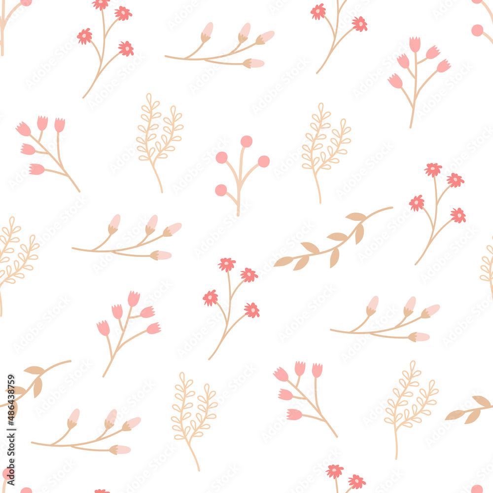 Seamless pattern with twigs, dried flowers, pink flowers in a rustic style. Simple elegant vector background for printing on fabric, paper, packaging, wallpaper