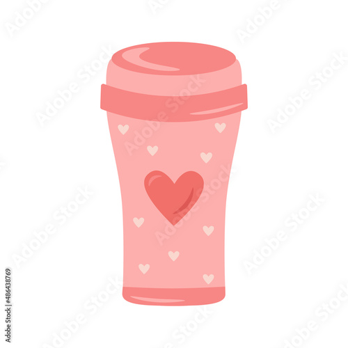 Reusable thermocup with pink hearts print for the concept of zero waste. For hot drinks, coffee, tea, cocoa. Vector illustration in cartoon style.
