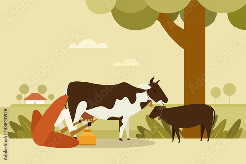 Illustration of an Indian rural woman milking a cow in the outdoor