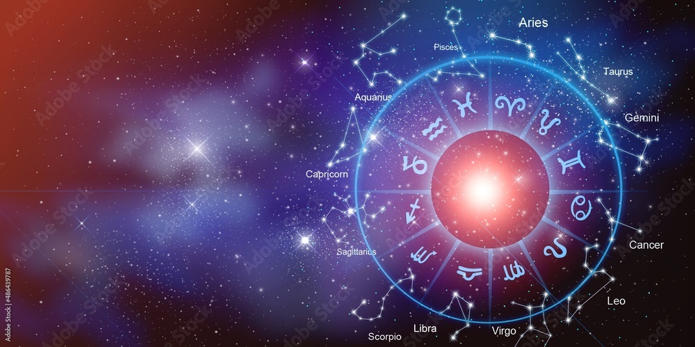 Zodiac signs inside of horoscope circle. Astrology in the sky with stars and moons astrology and horoscopes concept Zodiac signs inside of horoscope circle. Astrology in the sky with stars and moons astrology and horoscopes concept