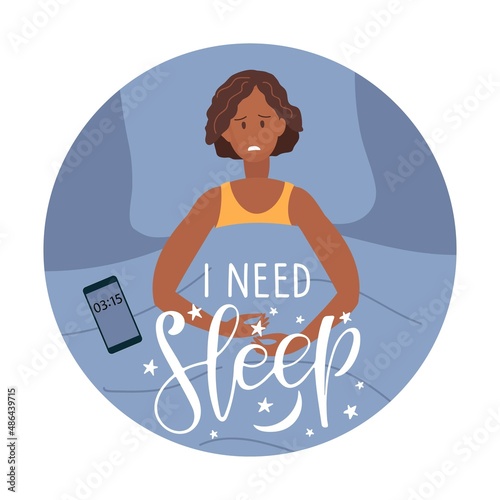 I need sleep lettering. Sad woman lying in bed with eyes open at night. Woman cannot sleep. Insomnia and tired, sleeplessness and thinking. Character who cant sleep. Vector illustration in Flat style