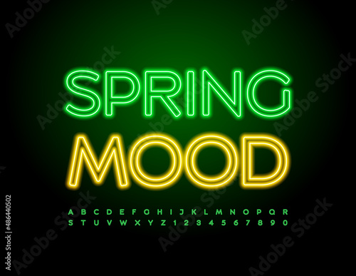 Vector illuminated banner Spring Mood. Green neon Font. Glowing Alphabet Letters and Numbers set