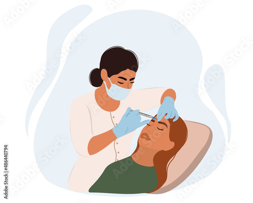 The cosmetologist makes an injection of Botox in the eyebrow area. Face oval correction procedure. Fillers along the forehead line.
Women's cosmetology in a beauty salon. Facial filler. Vector 