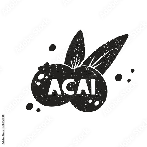 Acai grunge sticker. Black texture silhouette with lettering inside. Imitation of stamp, print with scuffs. Hand drawn isolated illustration on white background