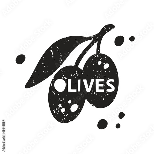 Two olives with leaf, grunge sticker. Black texture silhouette with lettering inside. Imitation of stamp, print with scuffs. Hand drawn isolated illustration on white background