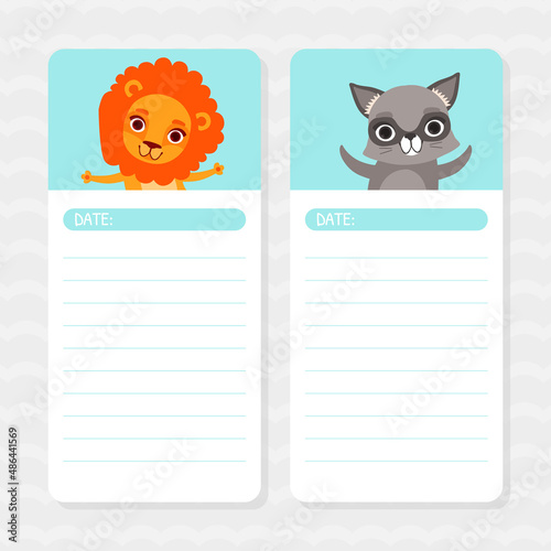 Cute Page for Notebook with Cat and Lion Vector Set