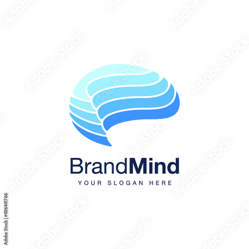 Blue Dynamic Brain Symbol in Water Wave Flow, People Head Brain Smart Cognitive Company Logo Vector Design

