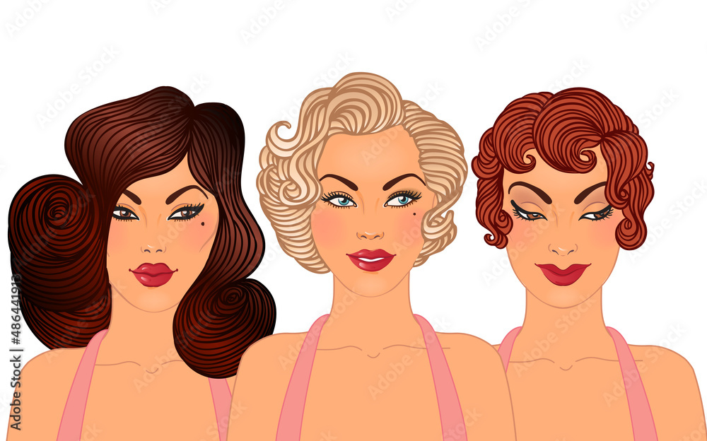 Pinup: classic hairstyles and makeup styles of 1950s. 3 pretty woman faces set isolated on white. Pinup: classic hairstyles and makeup styles of 1950s. 3 pretty woman faces set isolated on white.