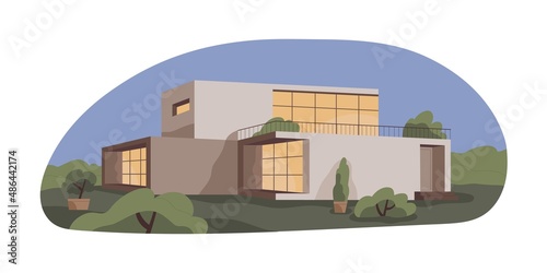 Modern residential building outdoors. Suburban house facade with light in windows. Contemporary villa in nature. Home with terrace. Real estate. Flat vector illustration isolated on white background