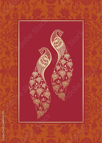 peacocks, feathers ,wedding card design, royal India	