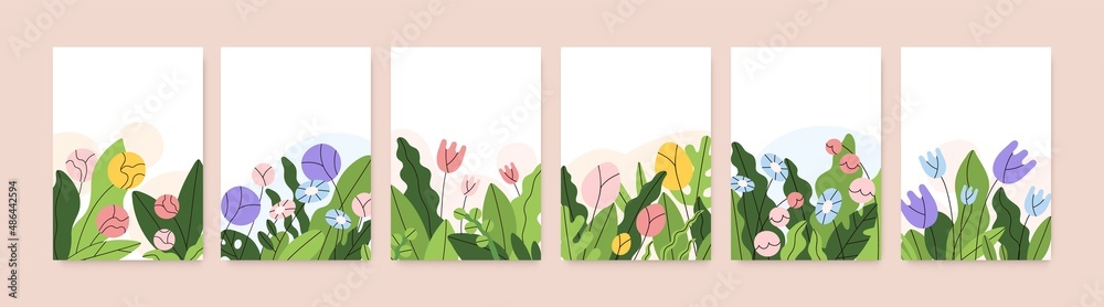 Flower card designs set. Abstract spring backgrounds with blossomed floral plants and leaves. Nature backdrops with gorgeous summer blooms and leaf. Romantic postcards. Flat vector illustrations - obrazy, fototapety, plakaty 