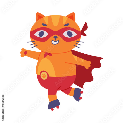 Superhero Ginger Cat Wearing Red Mask and Cape Roller Skating Vector Illustration