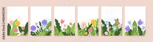 Flower card designs set. Abstract spring backgrounds with blossomed floral plants and leaves. Nature backdrops with gorgeous summer blooms and leaf. Romantic postcards. Flat vector illustrations
