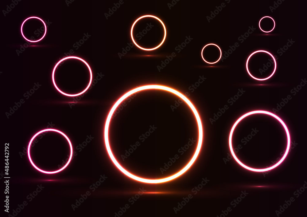 Neon bright orange and pink glow from circle shapes. llustration with abstract scene