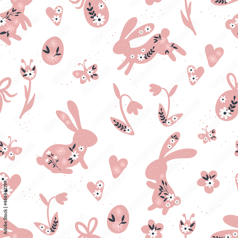 Cute hand drawn Easter seamless pattern with bunnies, flowers, easter eggs, beautiful background, great for Easter Cards, banner, textiles, wallpapers - vector design Cute hand drawn Easter seamless pattern with bunnies, flowers, easter eggs, beautiful background, great for Easter Cards, banner, textiles, wallpapers - vector design