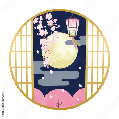 丸窓　桜と満月　お花見　背景