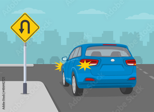 Traffic regulating sign. Safety car driving. Blue suv car is about to turn left on expressway. Yellow u-turn road sign. Flat vector illustration template.