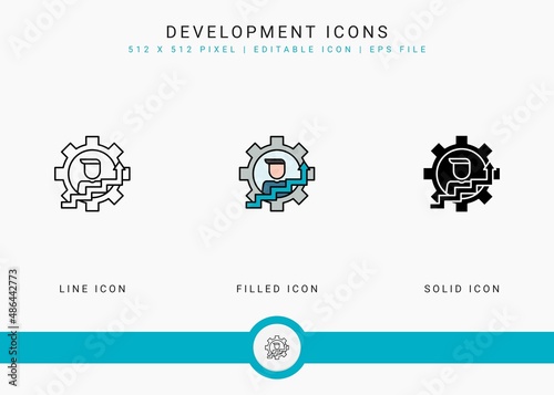 Development icons set vector illustration with solid icon line style. Business skill progress concept. Editable stroke icon on isolated background for web design, user interface, and mobile app