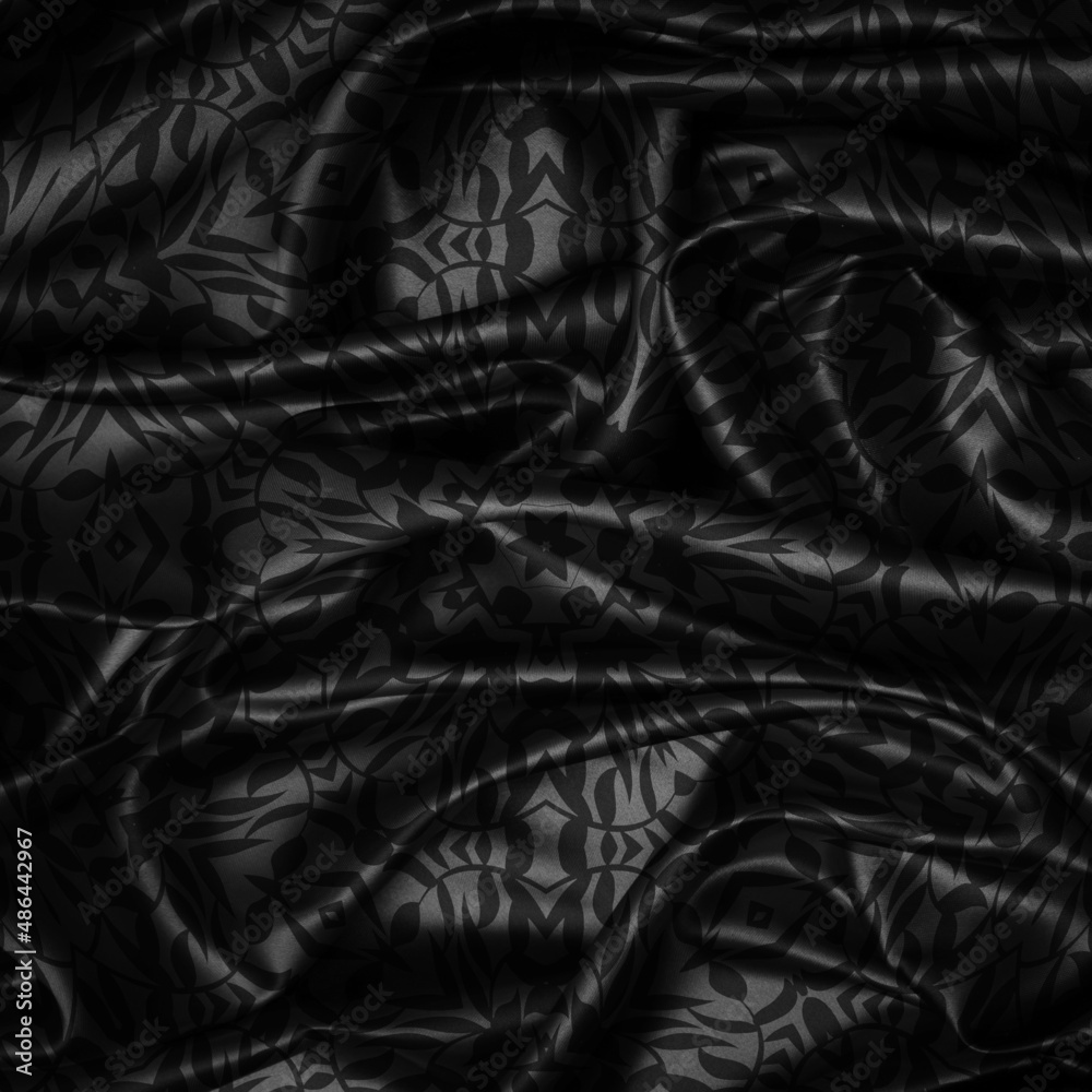 Black silk fabric with floral pattern.  Subtle waves texture. 