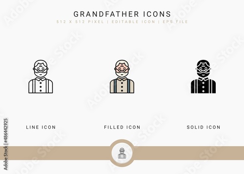 Grandfather icons set vector illustration with solid icon line style. Grandparents face concept. Editable stroke icon on isolated background for web design, user interface, and mobile app