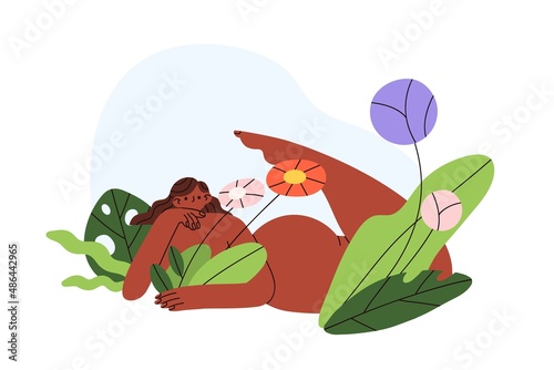 Body-positive black woman in flowers. Happy nude figure of female in nature. ...