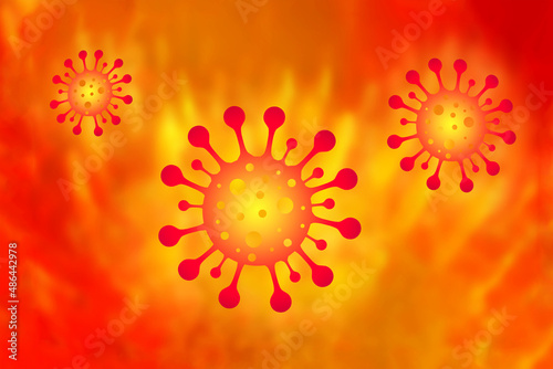 Three virus, symbol for disease, infection, corona or danger, colorful icon in red and orange over blurry background