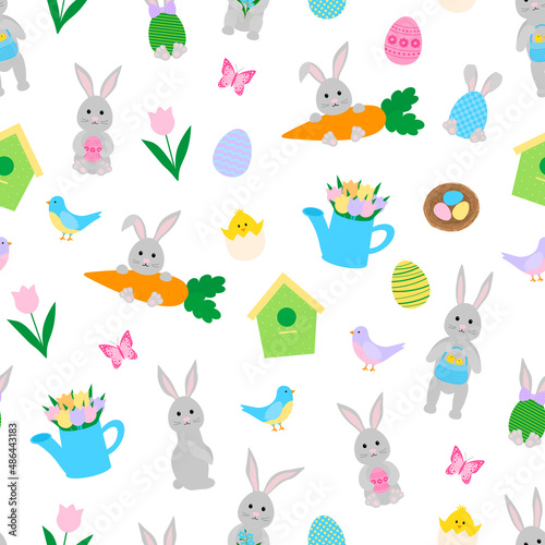 Seamless pattern Easter Bunny Chicks eggs vector illustration