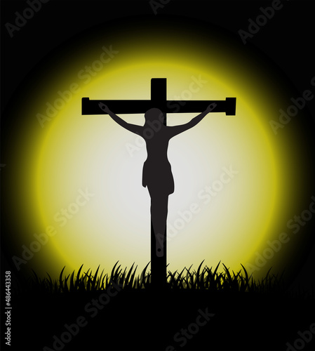Resurrection of Jesus Christ. Christian religious design for Easter celebration. Calvary crucifixion with moon rise behind.  Jesus on the cross