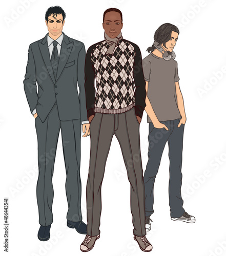 Three men of different ages and different races vector illustration set