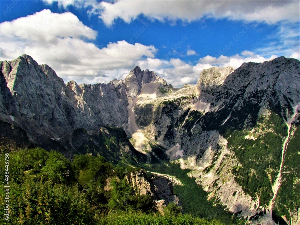 View of mountain Jalovec in the Julian alps and Triglav national park in Gorenjska region of Slovenia and Tamar valley bellow the mountains