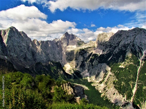 View of mountain Jalovec in the Julian alps and Triglav national park in Gorenjska region of Slovenia and Tamar valley bellow the mountains © kato08