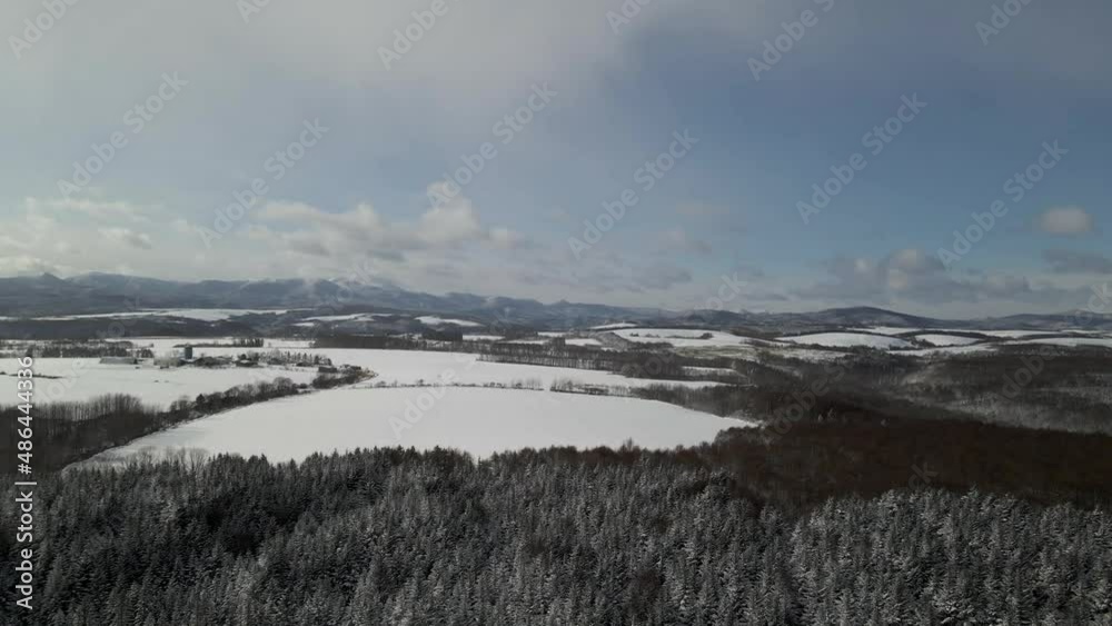Drone shot flying over snow covered fields and forests in Hokkaido, Japan Drone shot flying over snow covered fields and forests in Hokkaido, Japan
