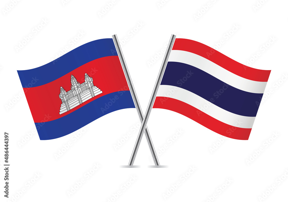 Cambodia and Thailand crossed flags. Cambodian and Thai flags, isolated on white background. Vector icon set. Vector illustration.