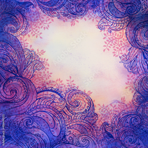 Paisley watercolor patterned frame, trendy modern wallpaper or textile backgr...