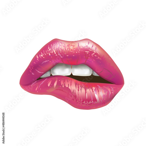 Pink bitten lips, romantic fresh makeup, lipstick.