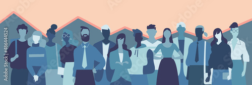 Gruppo di giovani persone, donne e uomini. Grafico statistico sulla popolazione