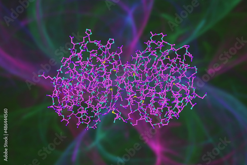 Molecular model of sugar binding protein - human galectin-2 (dimer) on colorful background. Rendering based on protein data bank. Scientific background. 3d illustration photo