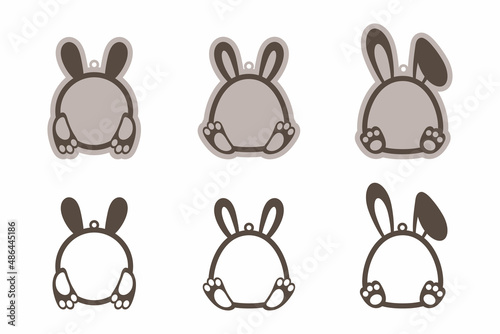 Adorable Easter bunny basket name tags. Laser wood cutting template. Layered paper decoration. Print, cut out, glue. Egg hunt for children template layout. Vector stock illustration.