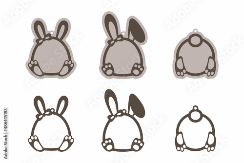 Adorable Easter bunny basket name tags. Laser wood cutting template. Layered paper decoration. Print, cut out, glue. Egg hunt for children template layout. Vector stock illustration.