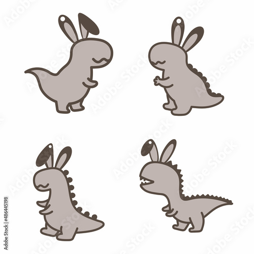 Adorable Easter dino basket name tags. Laser wood cutting template. Layered paper decoration. Print, cut out, glue. Egg hunt for children template layout. Vector stock illustration.