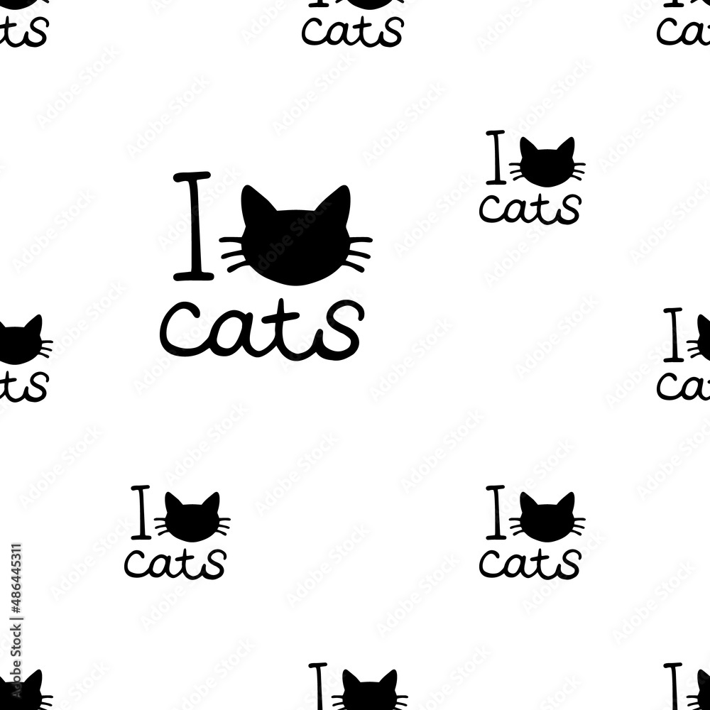 Doodle i love cats. Kitten head silhouette and inscription I love cats ...