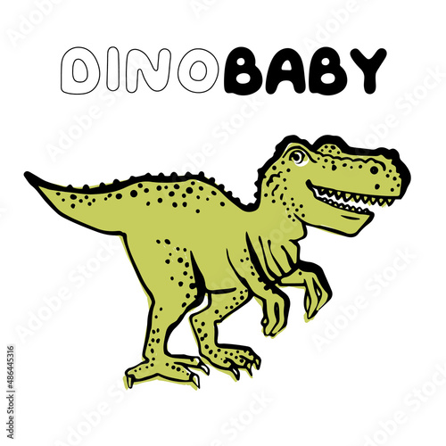 Tyrannosaur dino baby. Cute t rex dinosaur doodle card design. Funny Dino collection. Textile design for baby boy on white background. Cartoon monster vector illustration.