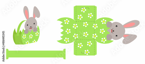 Simple packaging favor box bunny design for sweets, candies, presents, bakery. DIY package template for any purposes, birthdays, baby showers, Easter. Print, cutout, fold, glue. Vector illustration