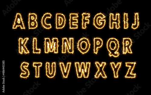 Capital letters with Fusion Effect Smokes and Flames. Yellow Fiery Energetic Alphabets Set Isolated on Black Background 