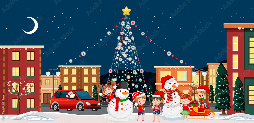 Christmas winter scene with children celebrating in the city