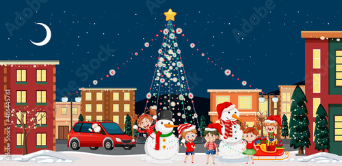 Christmas winter scene with children celebrating in the city