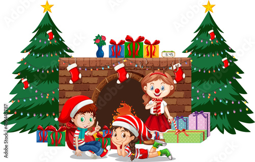 Happy children celebrating Christmas on white background